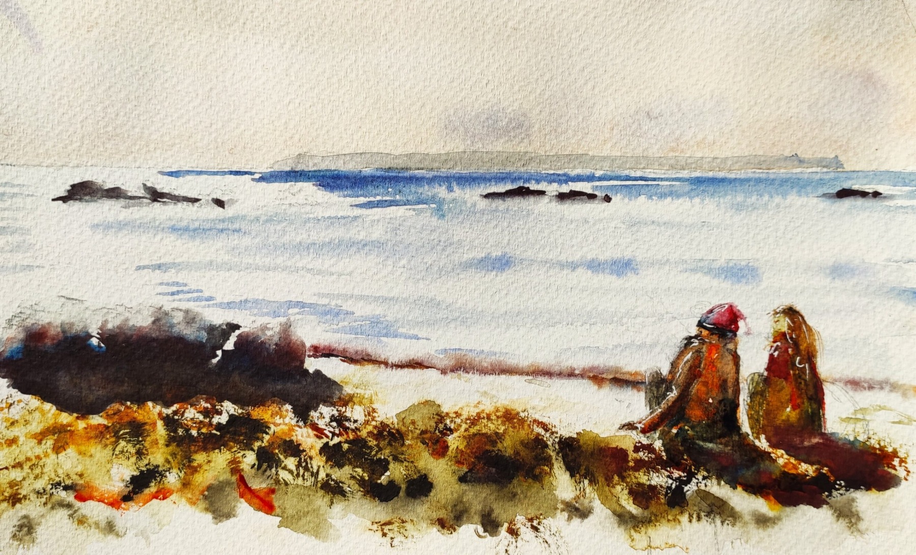 Qui voit Groix voit sa joie, sur la plage des grands sables, aquarelle sur carnet fabriano 300gr