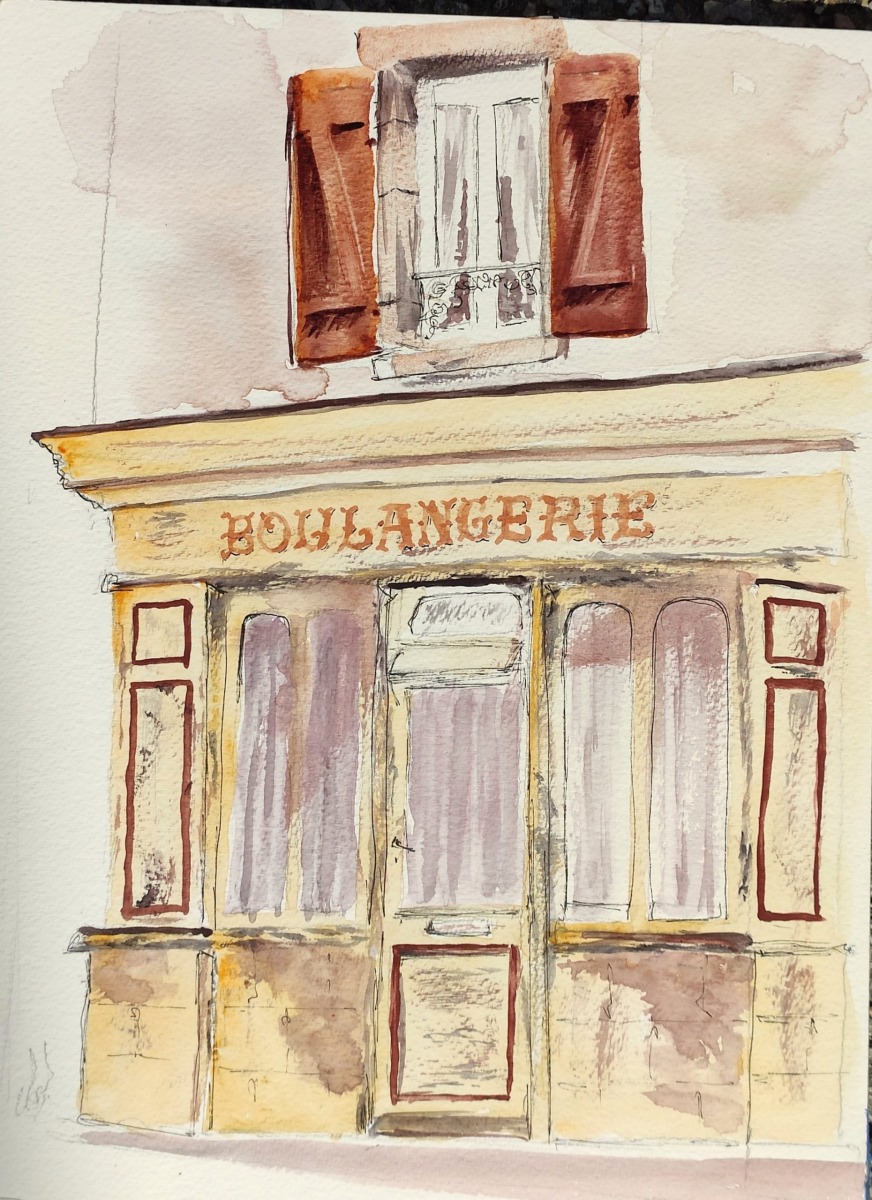 La vieille boulangerie de la rue des frères Kermorvant à la Trinité sur Mer, aquarelle sur papier Canson Montval 24x32